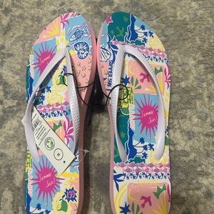 Beach Vacation Colorful Summer Sun Flip Flops NWT Womens 10 Pink Girly sand‎